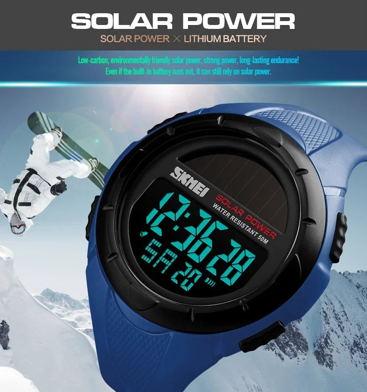 Skmei 1405 esporte digital relógios de pulso dos homens solar para energia ambientalmente alarme masculino reloj hombre relógios luminosos