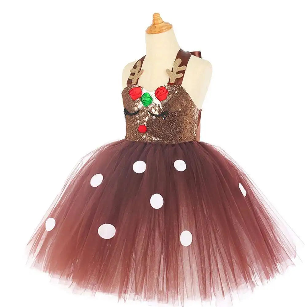 Trajes de veado de lantejoulas marrons para bebês meninas vestidos de princesa de natal crianças roupa de rena roupas de ano novo presente de natal