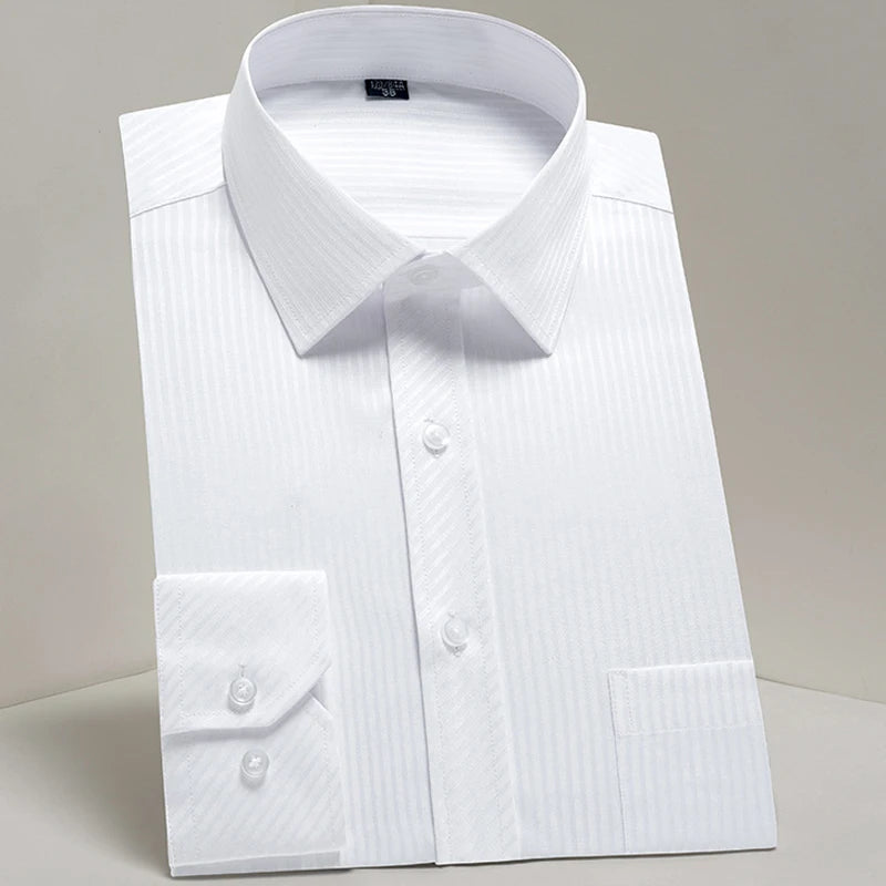 Camisas sociais masculinas clássicas de manga comprida, ajuste padrão, formal, negócios, social, simples, design básico, branco, trabalho, escritório, camisa casual
