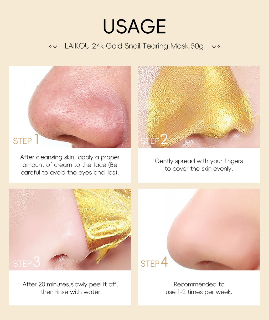 Laikou 24k ouro caracol peel-off máscara 3 pçs limpeza profunda poros aperto remoção de cravo desintoxicante tratamento facial 50g