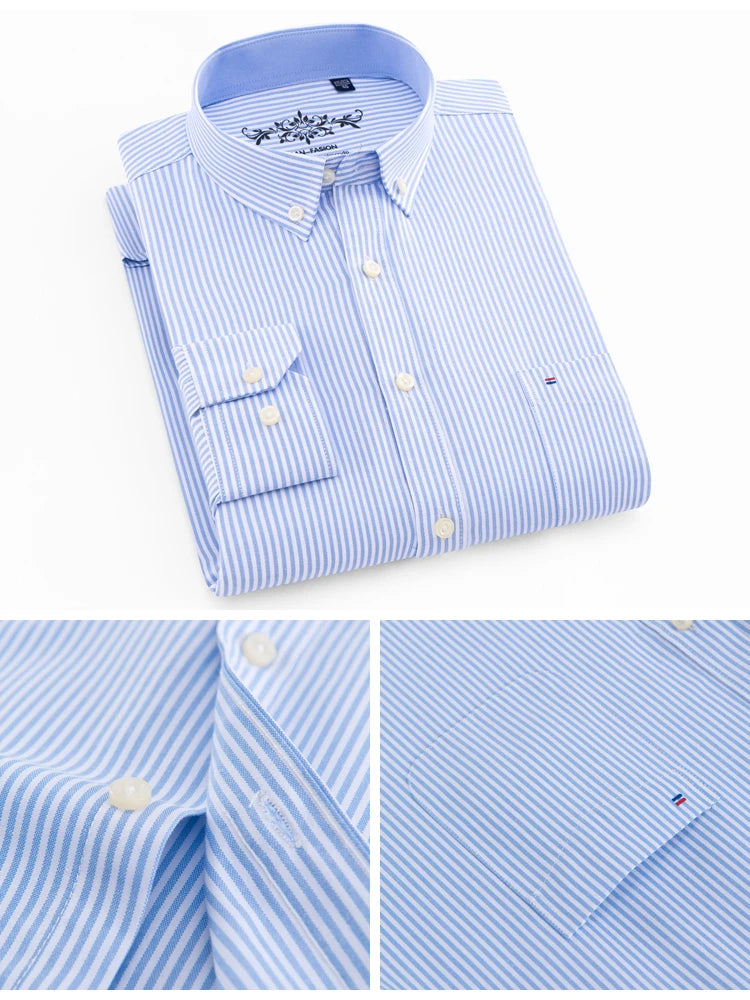 Camisa casual de trabalho listrada xadrez oxford de manga comprida masculina com bolso, camisas de botão de ajuste regular de mistura de algodão primavera outono