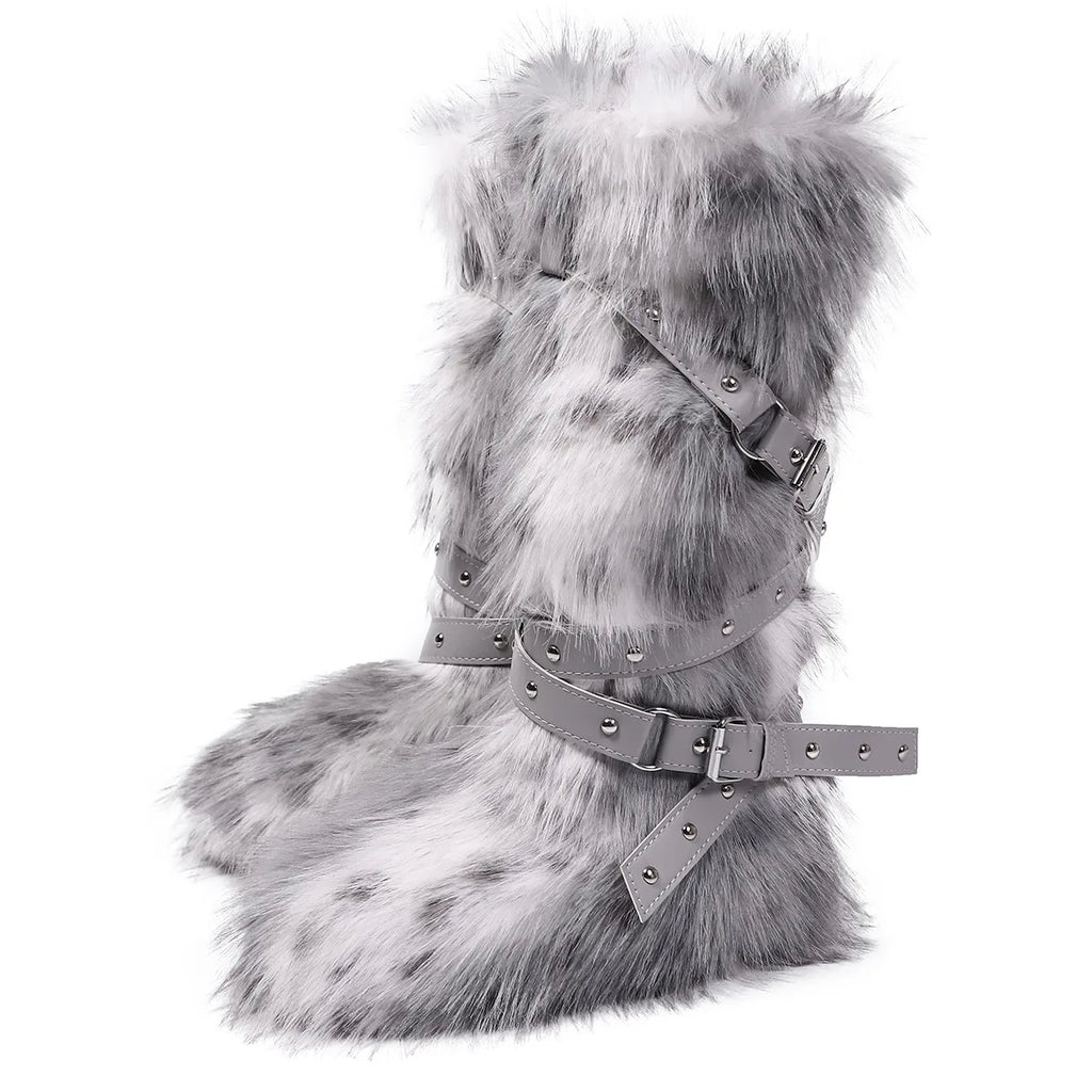Botas femininas felpudas até o joelho |   Calçado de inverno com detalhes multi-fivela, texturas de leopardo e shearling