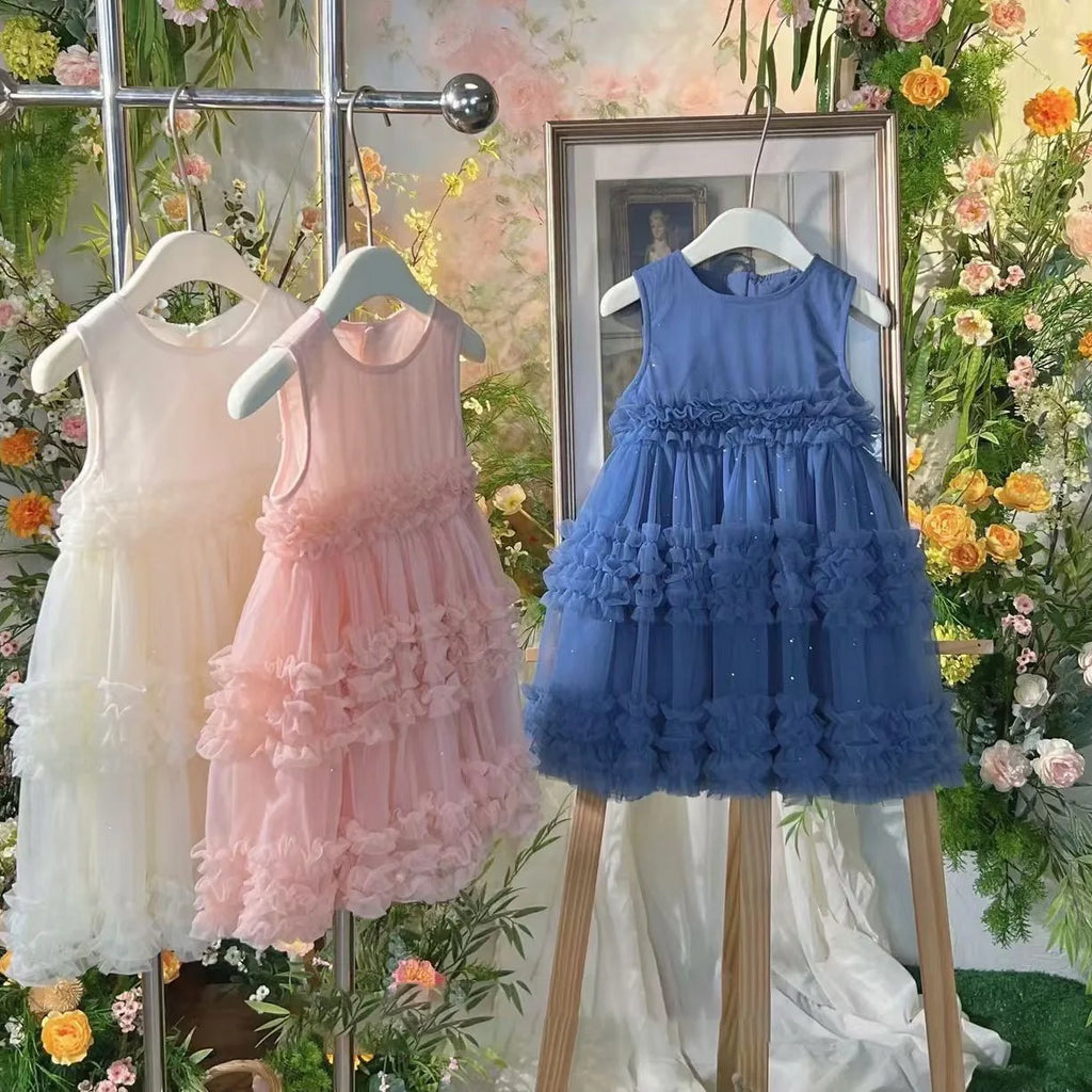 Novo Vestido Estilo Coreano 2026 para Crianças, Vestido de Verão Doce com Alças e Tule para Meninas