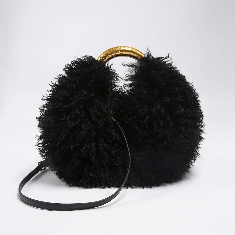 Moda feminina longa pele lã saco praia falso lã pele bolsa de ombro senhoras peles falsas bolsa luxo mongol ovelhas sacos de pelúcia
