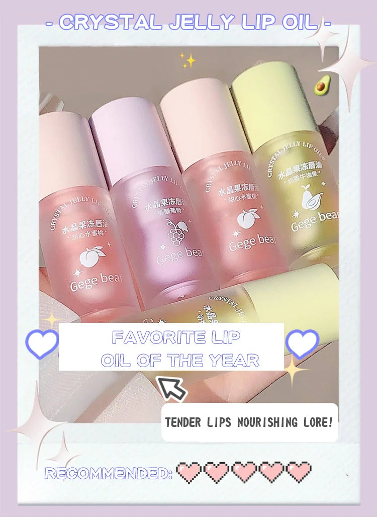Óleo Labial Gege Bear Crystal Jelly Fruit com Pêssego, Uva e Abacate, Hidratante, Nutritivo e Clareador de Linhas Labiais