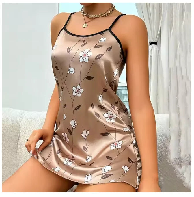 Pijamas femininos verão floral impressão cetim camisola casual sem mangas sem costas deslizamento noite vestido sexy camisola roupas de casa