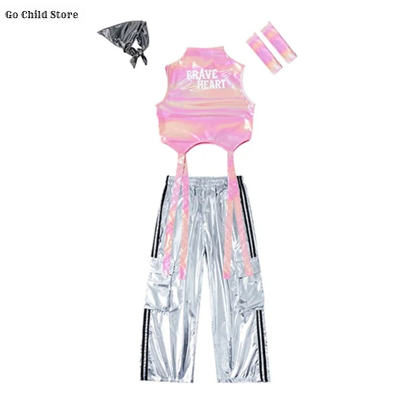 Meninas k-pop brilhante colheita superior calças de carga shorts de dança de rua crianças hip hop jazz conjuntos de roupas crianças streetwear menina grupo traje