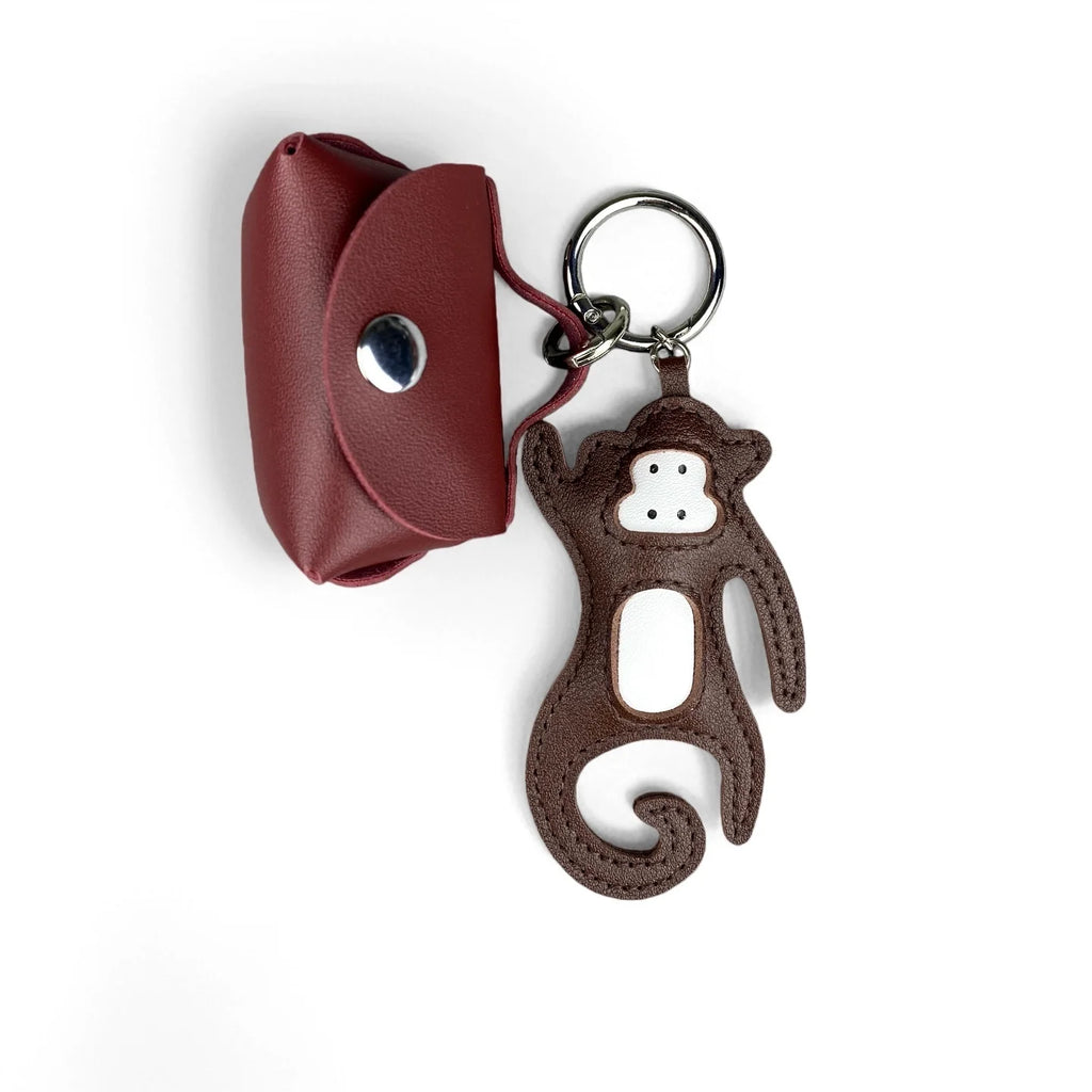 Conjunto de Chaveiro e Estojo para Fones de Ouvido em Couro PU Artesanal com Macaco/Adorável Macaco Pequeno com Cauda Encaracolada Divertida/Presente/Acessório