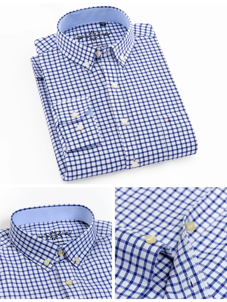 Camisa casual de trabalho listrada xadrez oxford de manga comprida masculina com bolso, camisas de botão de ajuste regular de mistura de algodão primavera outono