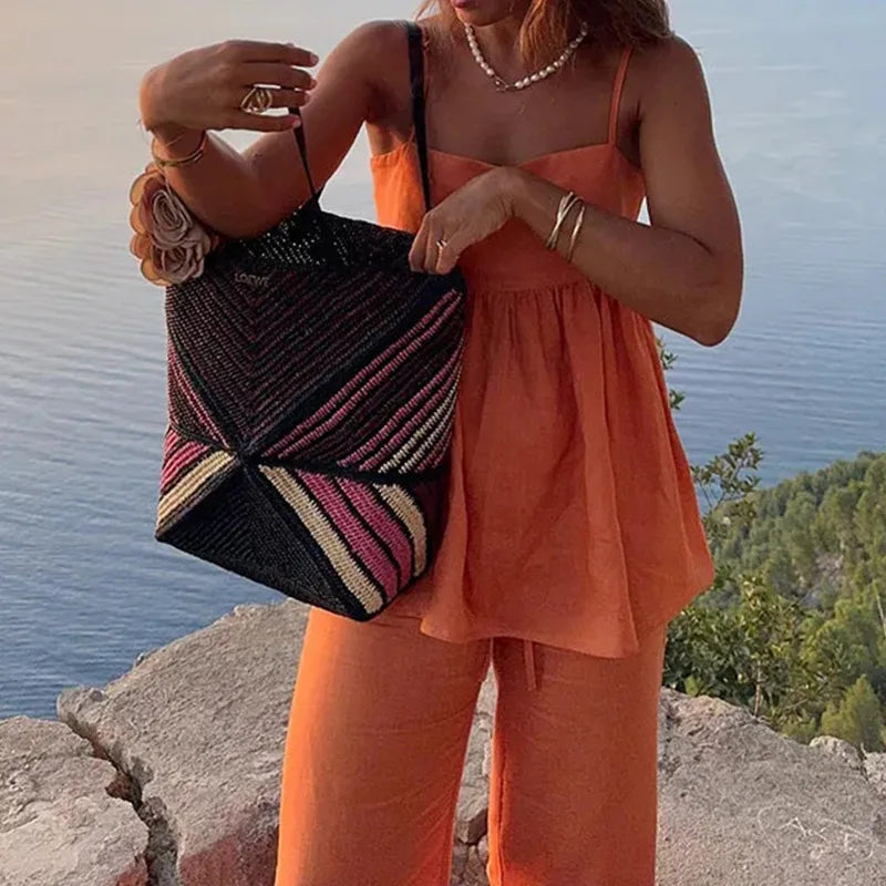 Conjunto feminino de linho algodão laranja 2 peças calças conjunto feminino roupas casuais primavera verão praia férias novo em roupa combinando 2025