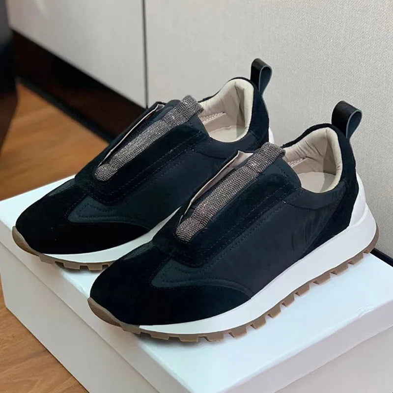 Sapatos casuais mulher dedo do pé redondo corrente corda grânulo conforto tênis de corrida senhoras camurça vaca retalhos rendas até tênis planos