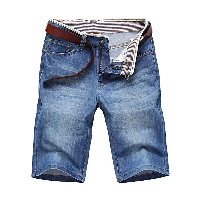 Verão shorts de brim fino para homens de boa qualidade shorts de brim homens de algodão sólido em linha reta jeans shorts masculinos azul casual jeans tamanho 40