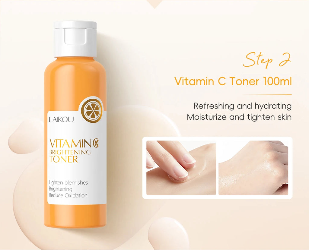Laikou vitamin c conjunto de cuidados com a pele iluminando 5 pçs kit mesmo tom da pele suave rugas apertar poros limpador toner soro creme para os olhos