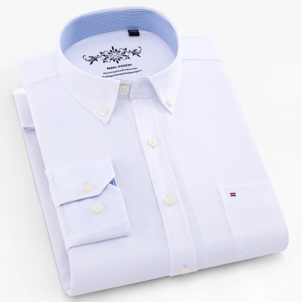 Camisa casual de trabalho listrada xadrez oxford de manga comprida masculina com bolso, camisas de botão de ajuste regular de mistura de algodão primavera outono