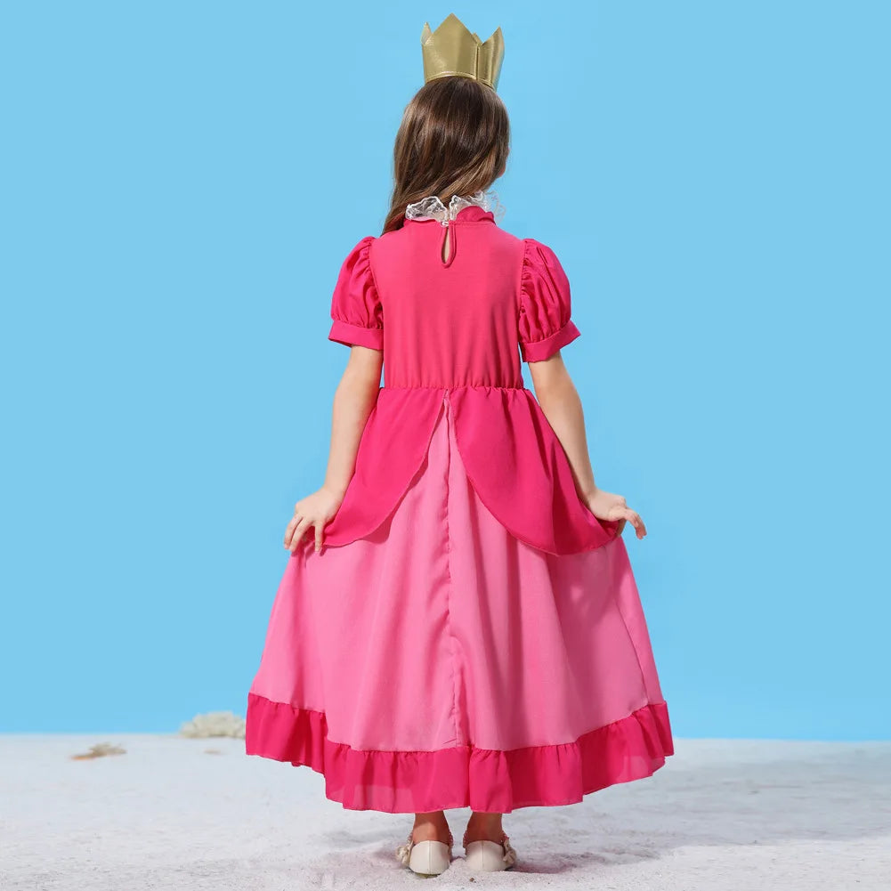 Pêssego rosalina vestido meninas margarida cosplay roupas crianças halloween vestir-se roupas de verão rendas applique princesa traje