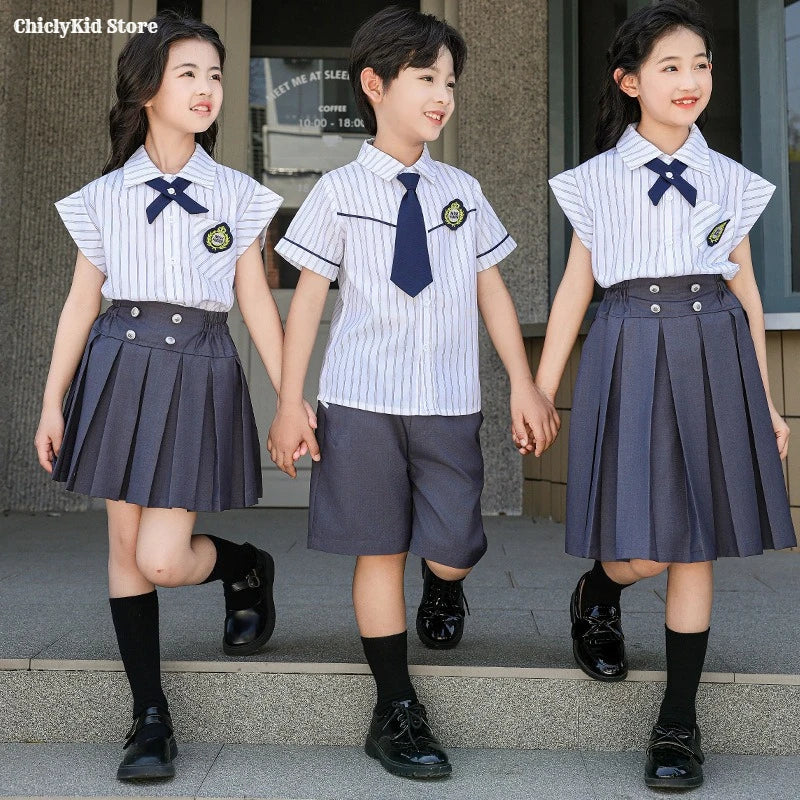Meninas coreano japonês preppy listrado blusa saias meninos camisas shorts crianças conjuntos de roupas verão estudantes uniformes escolares