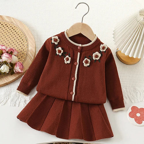 2025 novo outono 0-5yrs bebê meninas conjunto de roupas manga comprida malha cardigan casaco + saia curta crianças roupas de malha terno