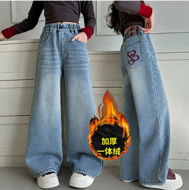 Meninas adolescentes jeans com lã outono inverno moda casual crianças perna larga calças jeans isoladas escola crianças denim