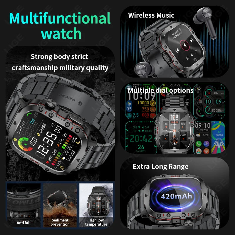 Lige novo militar relógio inteligente masculino esportes ao ar livre 3atm à prova dwaterproof água oxigênio no sangue bluetooth chamada relógios smartwatch para android