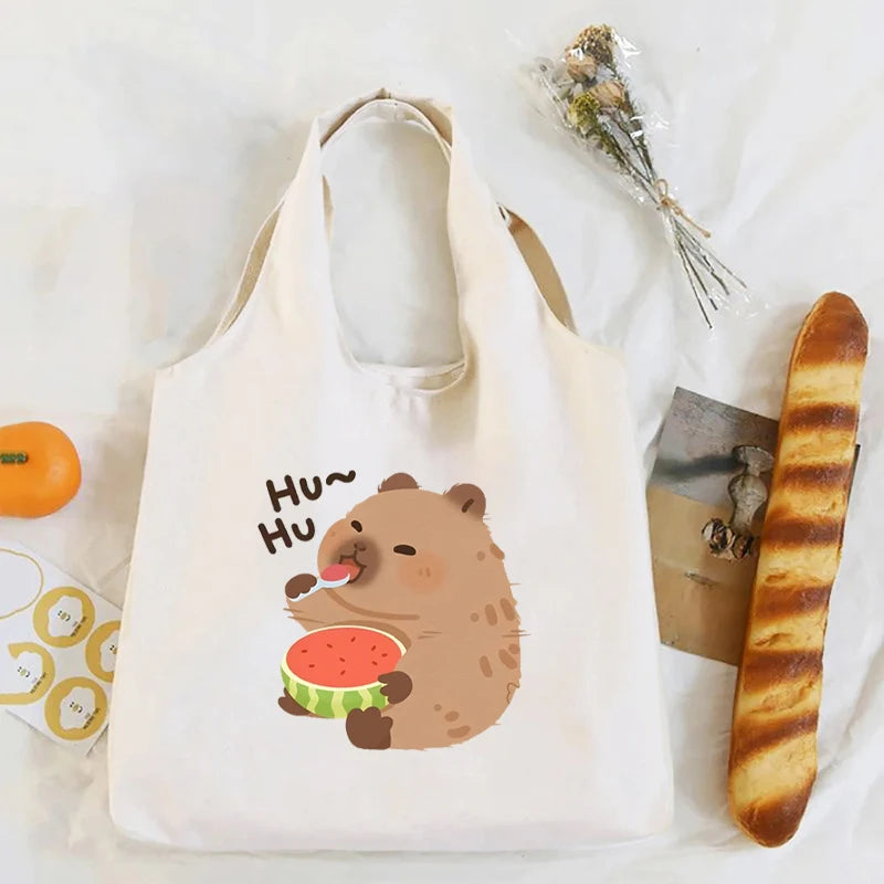 Capivara dos desenhos animados impressão branco lona sacola organizador feminino kawaii eco amigável bolsa de compras capivaras bonito sacos de ombro