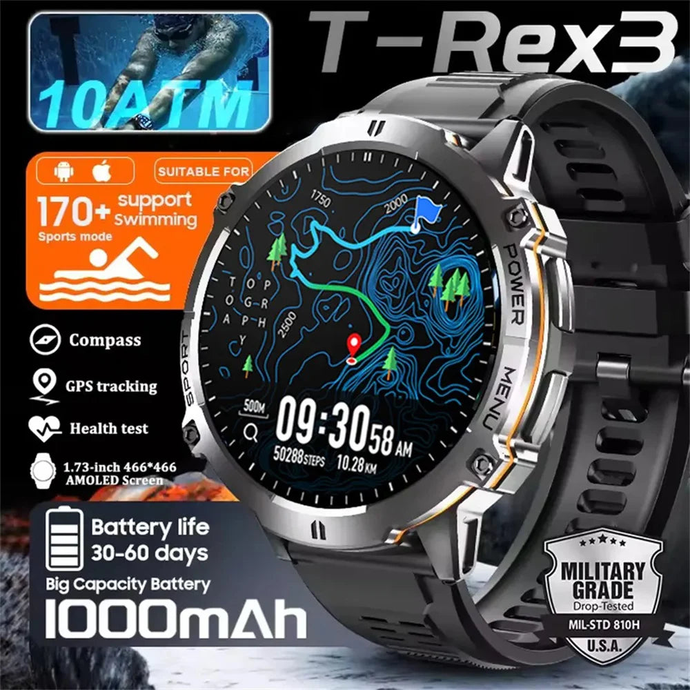 Relógio Inteligente Masculino T REX 3 com Tela AMOLED de 1.73", Bússola, Chamada BT, Resistente à Água 1ATM, Relógios Esportivos para Homens IOS Android 2026