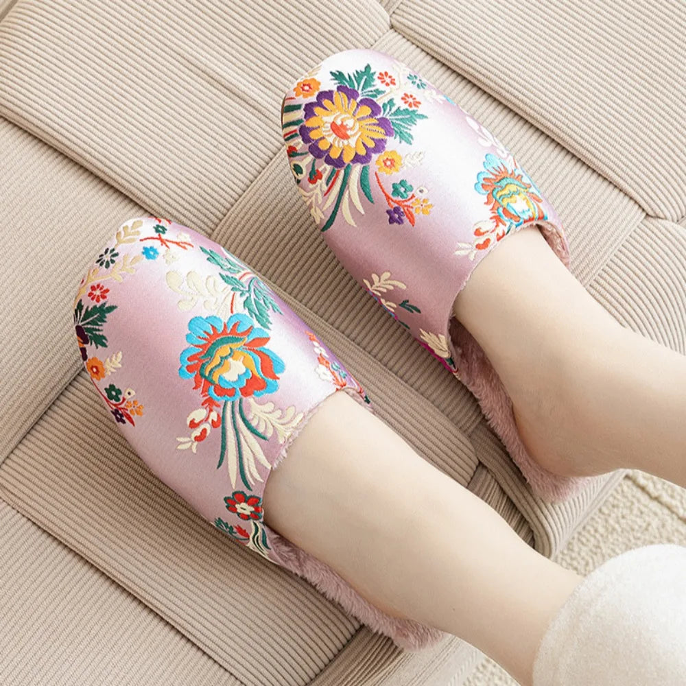 Chinelos de casa femininos homens inverno calor chinelos interiores senhoras sapatos bordados flor chinelos para mulher sapatos de casa