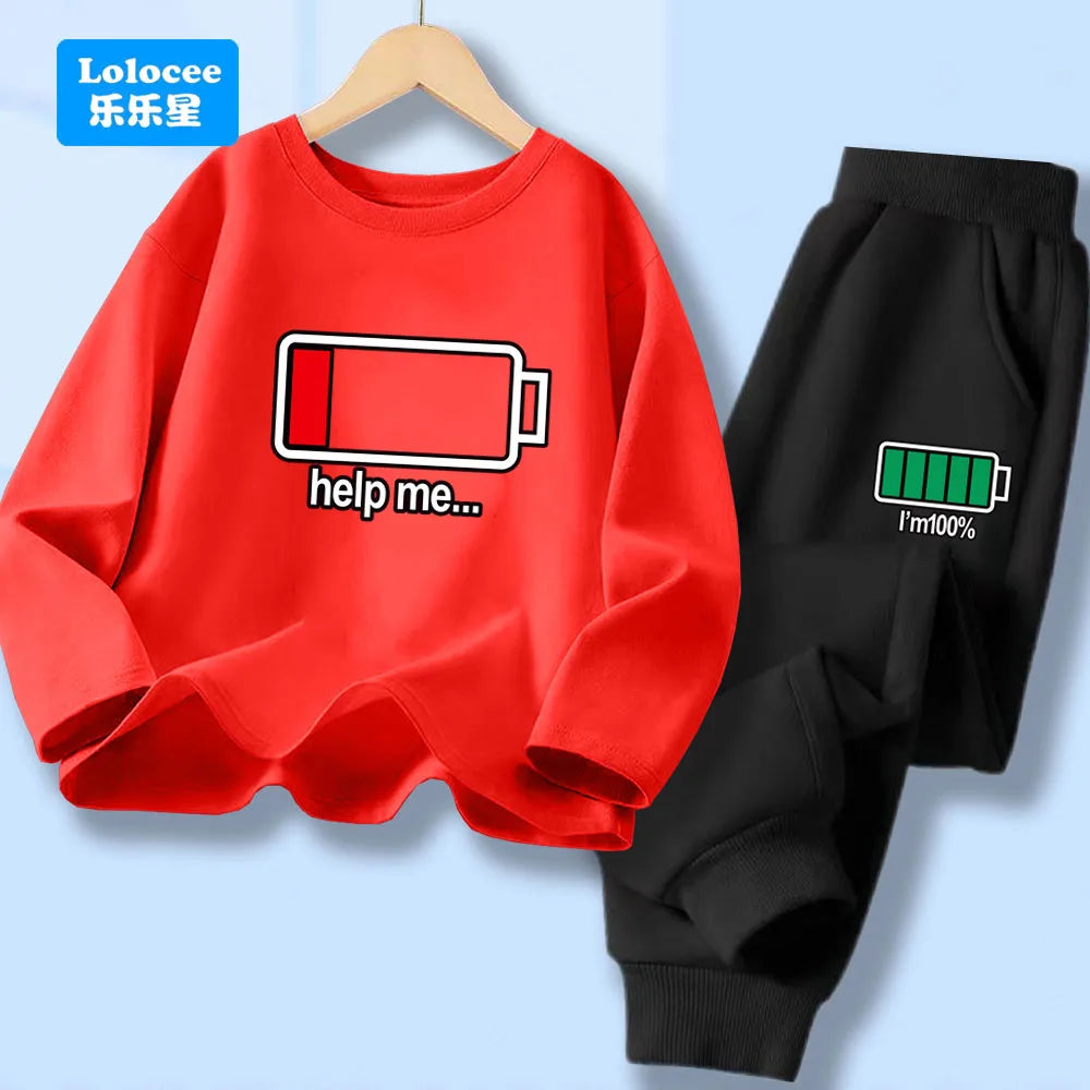Outono criança menino manga longa 2 pçs conjunto de roupas crianças engraçado bateria carta impressa camiseta pulôver topo e calças fatos de treino dcw1