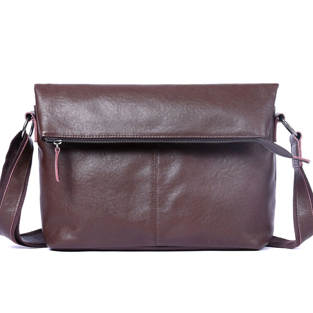 Bolsa de Ombro Masculina em Couro Genuíno, Bolsa Transversal para Laptop, Couro Bovino de Camada Superior, Couro Vegetal, Moda Casual