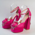 Cruz Japonesa Rhinestone Lolita Salto Alto para Mulheres, Corrente de Metal, Casamento da Noiva Rosa, Doce Sapatos Y2k Mary Jane, Salto Plataforma para Menina