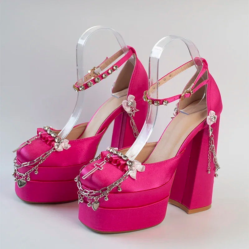 Cruz Japonesa Rhinestone Lolita Salto Alto para Mulheres, Corrente de Metal, Casamento da Noiva Rosa, Doce Sapatos Y2k Mary Jane, Salto Plataforma para Menina