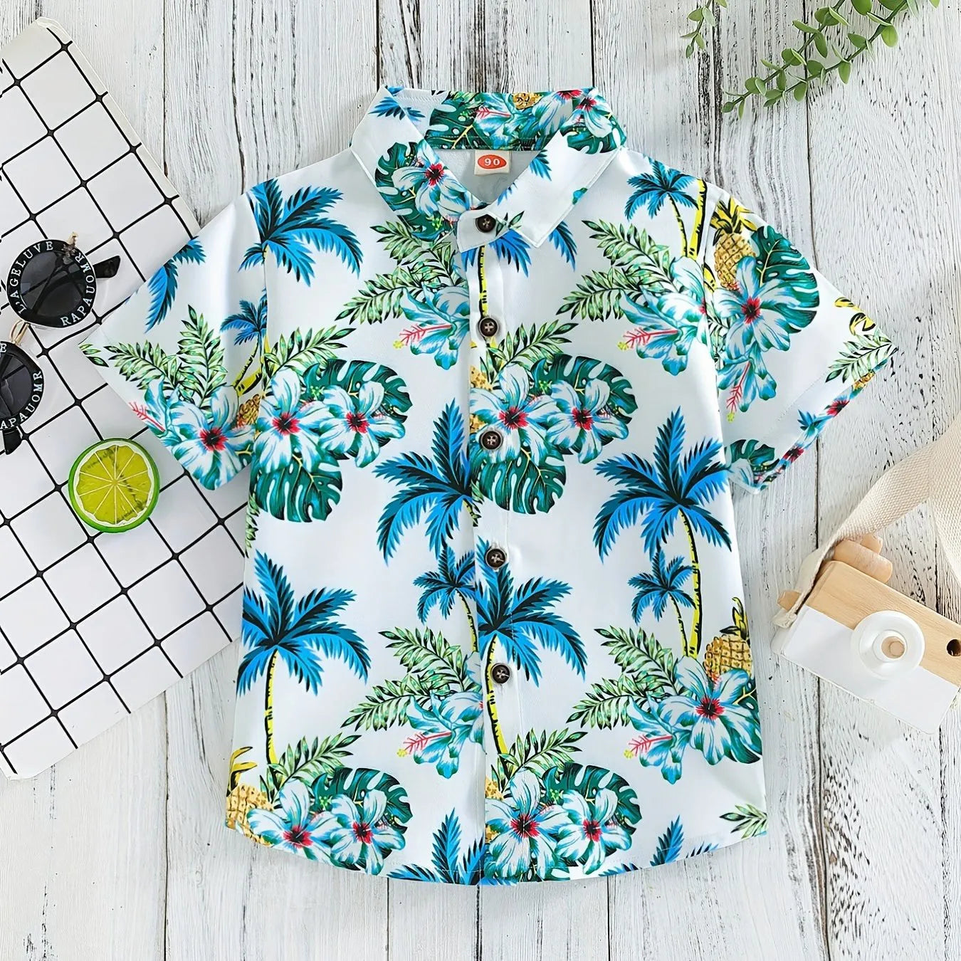 Top respirável casual floral e foliar infantil, blusa de meninos, perfeita para praia, férias, elegante, verão