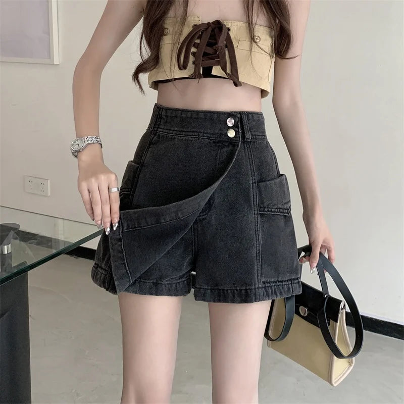 Saia Jeans  Assimétrica de Cintura Alta com Efeito Modelador, Tamanhos andes Fs, Moda Verão 2023