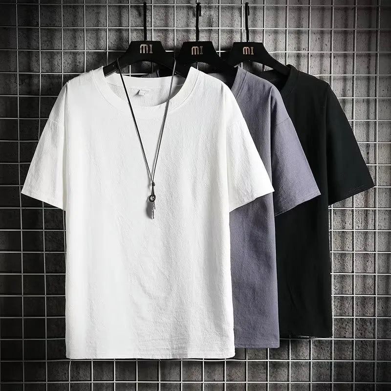 Camiseta de Linho de Manga Curta Masculina, Nova Camiseta de Algodão e Linho Solta para o Verão, Camiseta de Cor Sólida