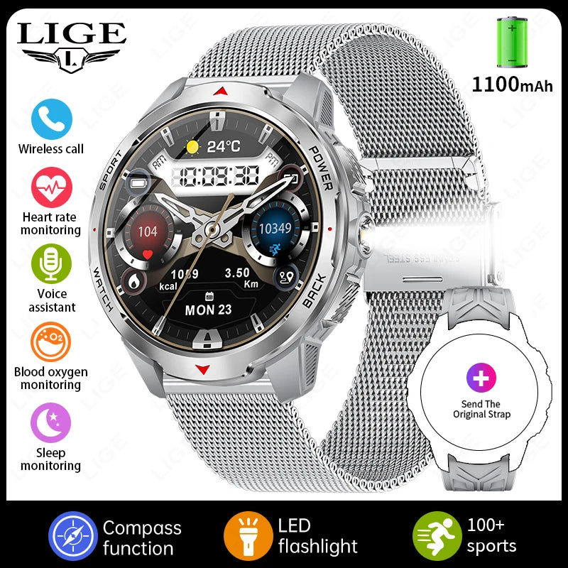 Relógios Inteligentes LIGE Novos com Bateria de 1100mAh para Homens, Esportes ao Ar Livre, Lanterna LED, Bússola, Relógio Inteligente Masculino com Chamada Bluetooth