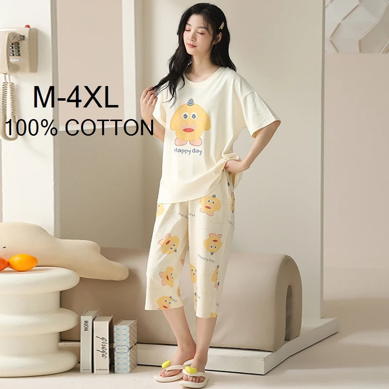 SUKAE-Conjunto de Pijamas dos desenhos animados das mulheres, 100% algodão, calça curta na altura do joelho, pijamas, capris loungewear, pijamas de verão, M-4XL