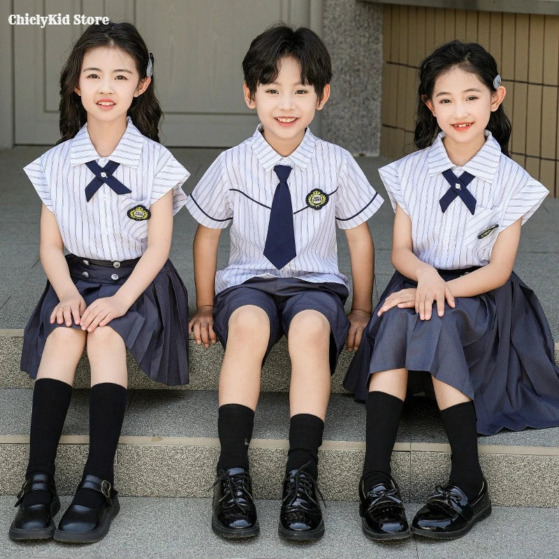 Meninas coreano japonês preppy listrado blusa saias meninos camisas shorts crianças conjuntos de roupas verão estudantes uniformes escolares