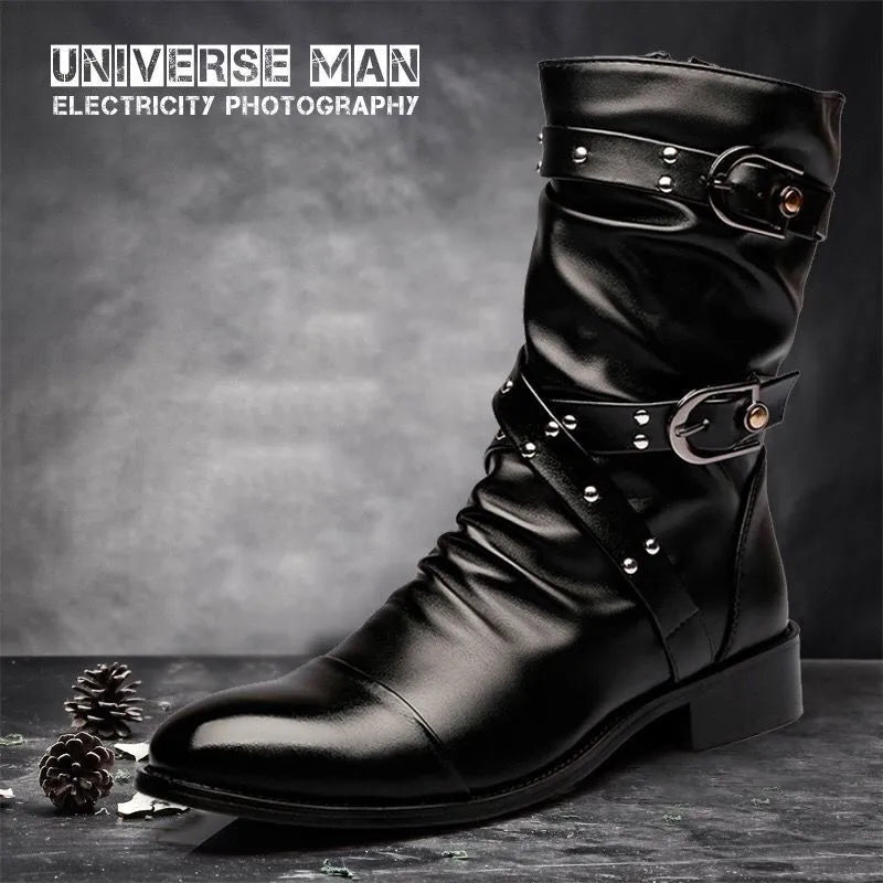 Inverno apontou toe botas de cano médio masculino fivela cinta chelsea bota para homens de couro botas de motocicleta alta superior homem sapato de inverno