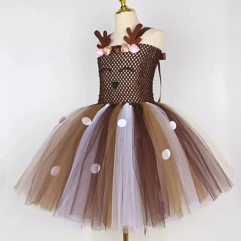 Bebê meninas trajes de veados de natal para crianças flor rena vestidos de princesa crianças natal ano novo ballet tutus outfit com arco