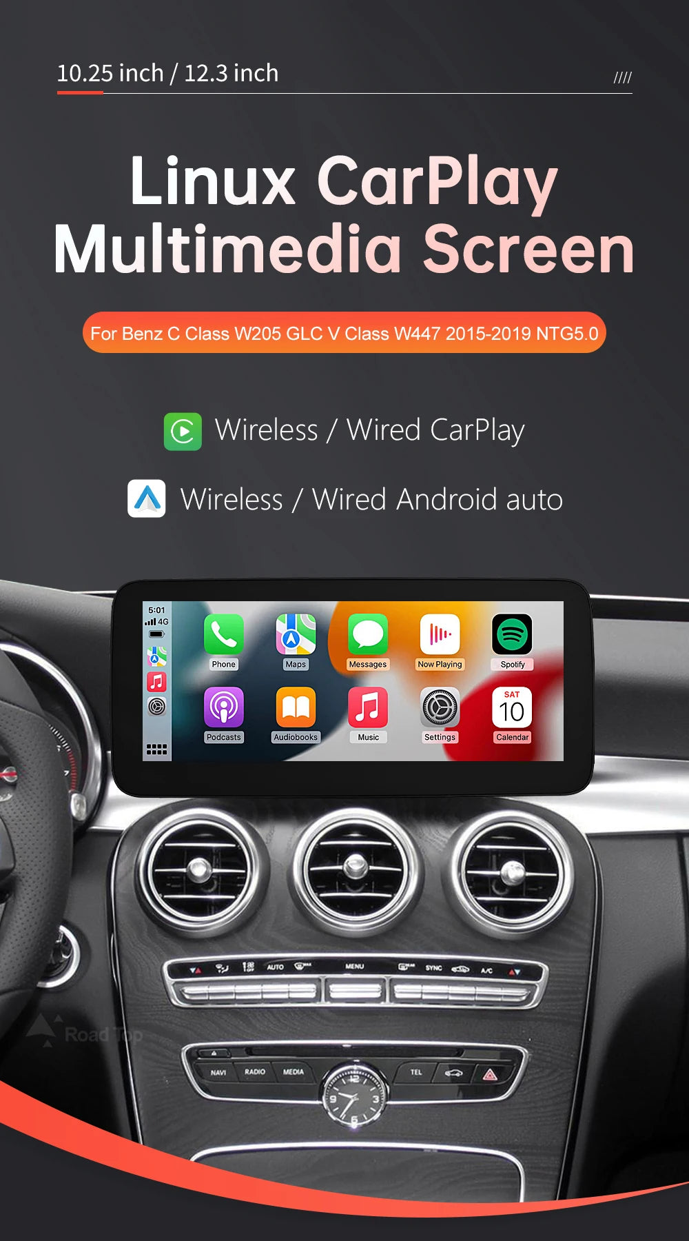 Tela multimídia linux sem fio carplay android auto para mercedes-benz w205 w176 glc a c v classe w447 cla gla 2015-2018 ntg5.0