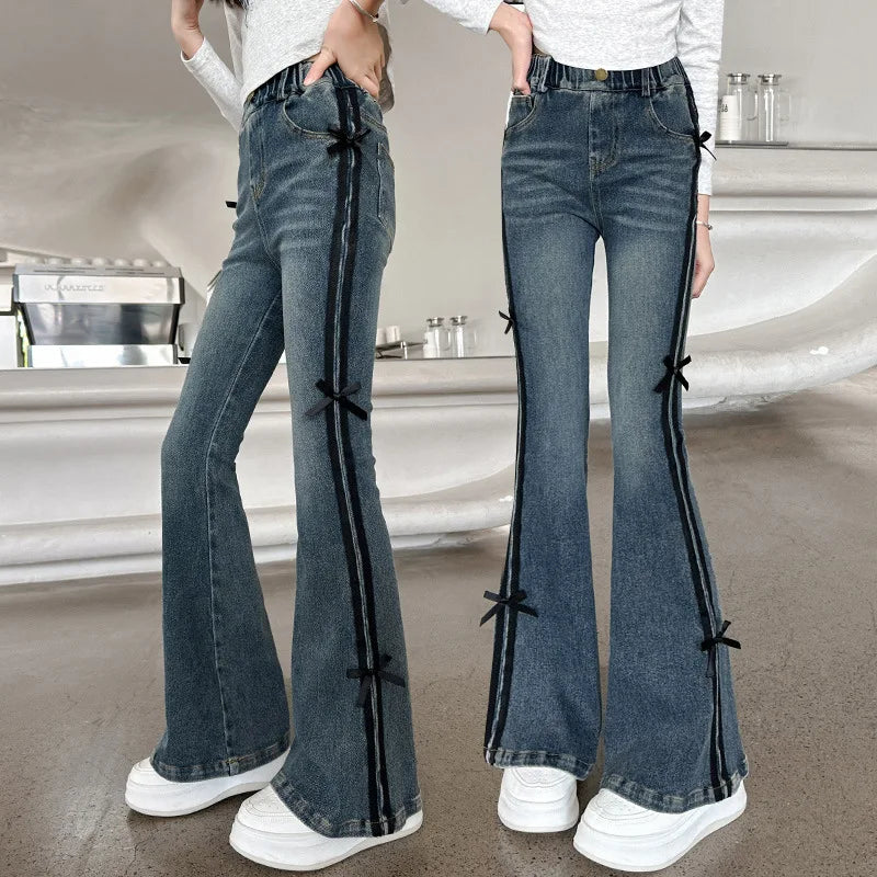 Crianças inverno fino ajuste bootcut flanela forrado jeans para meninas elegante isolado queimado calças jeans crianças calças térmicas quentes