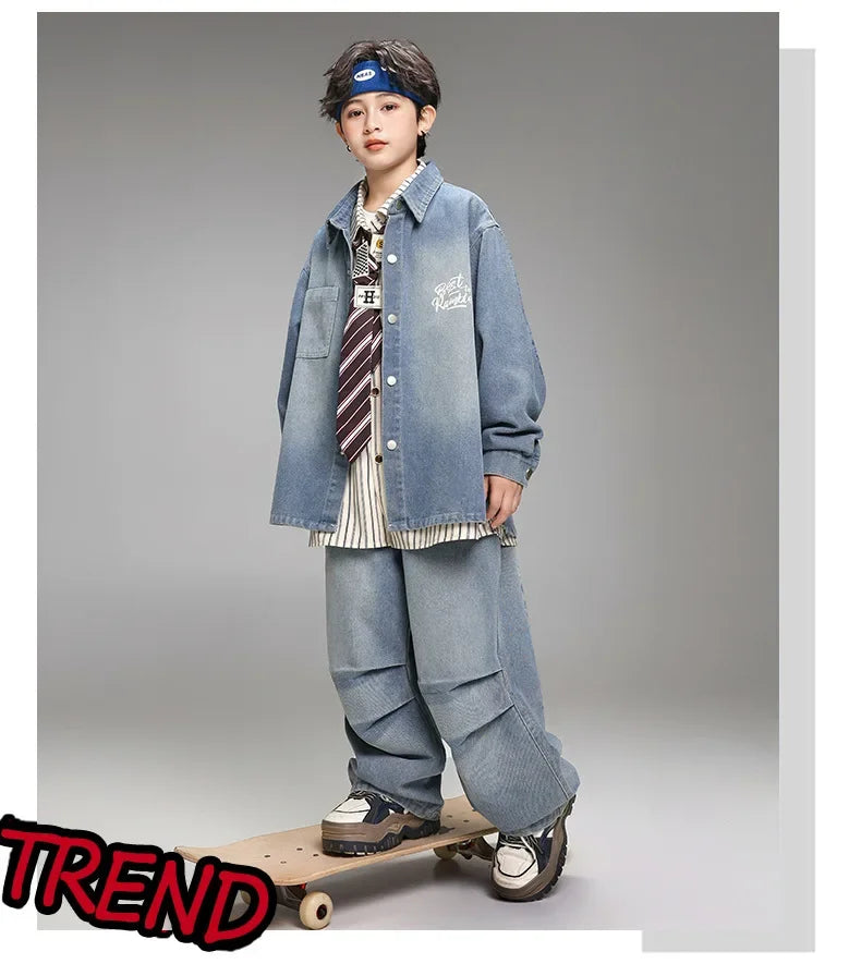 Crianças menino menina solta casual streetwear moda hip hop crianças denim camisa calça jeans define ternos agasalho roupas de palco traje
