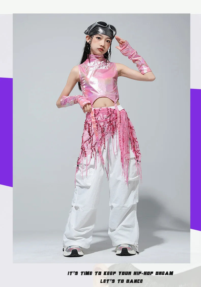 Meninas k-pop brilhante colheita superior calças de carga shorts de dança de rua crianças hip hop jazz conjuntos de roupas crianças streetwear menina grupo traje