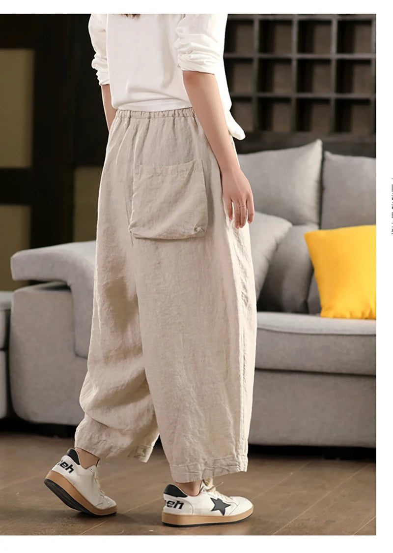 Calças compridas femininas de linho puro natural, estilo solto e retrô, calças largas, roupas de tamanho grande, casuais ao ar livre, confortáveis e legais