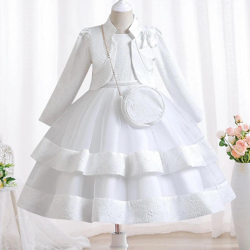 Novo outono/inverno vestido de festa de manga longa elegante menina bordado vestido de desempenho de natal saco de presente para crianças de 3 a 11 anos
