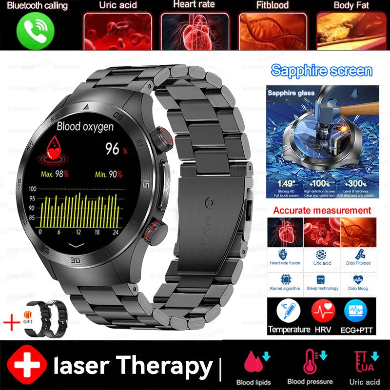 2025 novo tratamento a laser corpo e coração relógio inteligente masculino ecg + ppg ácido úrico gordura no sangue bluetooth chamada rastreador de saúde relógios inteligentes