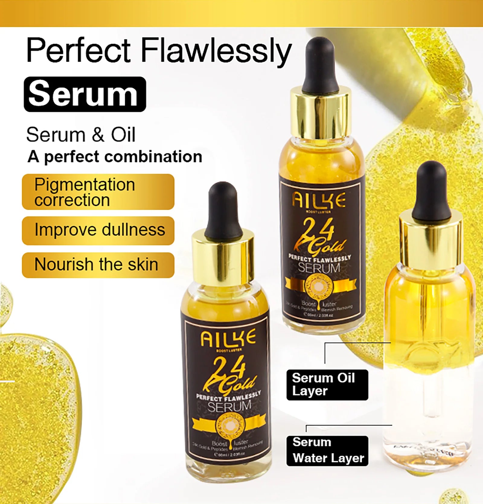 AILKE 24K Glod Alcance de cuidados com a pele impecável, clareador de pele, reduz manchas escuras, melanina, rugas, hidratação, para mulheres e homens
