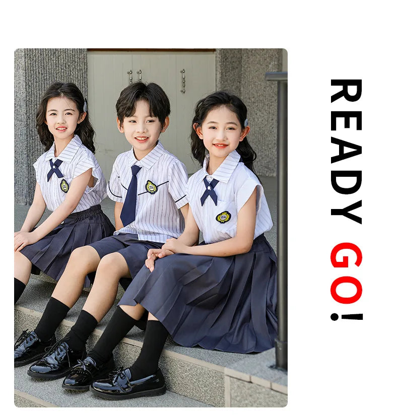 Meninas coreano japonês preppy listrado blusa saias meninos camisas shorts crianças conjuntos de roupas verão estudantes uniformes escolares