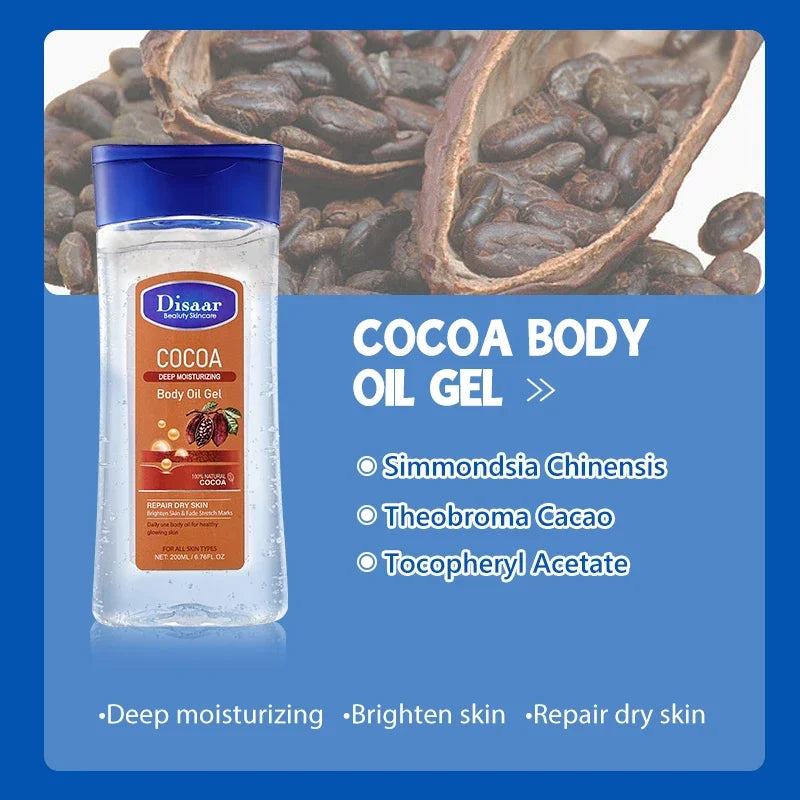 Disaar-Óleo Corporal Extrato de Aloe Vera, Pele Suave, Anti-Rugas, Vitamina C, Óleo Essencial, Hidratante, Pele com Feijão Cacau, 200ml