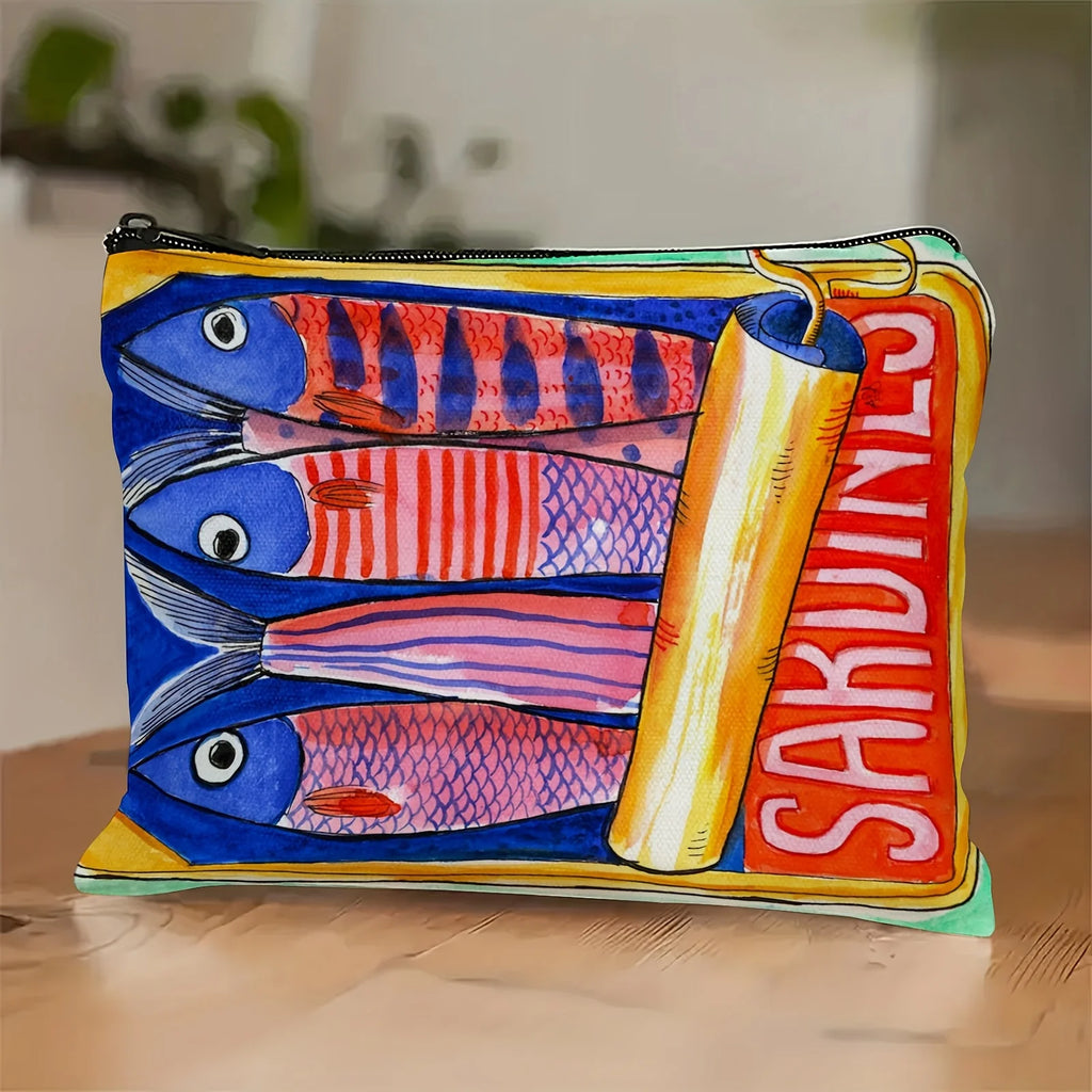 Bolsa de maquiagem com zíper resistente ao desbotamento durável - Organizador de viagem multifuncional com design retrô de sardinas para cosméticos, lanches, moedas