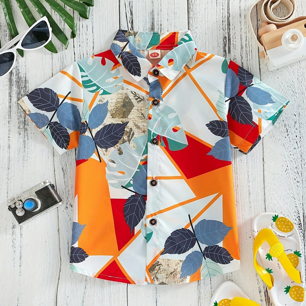Top respirável casual floral e foliar infantil, blusa de meninos, perfeita para praia, férias, elegante, verão